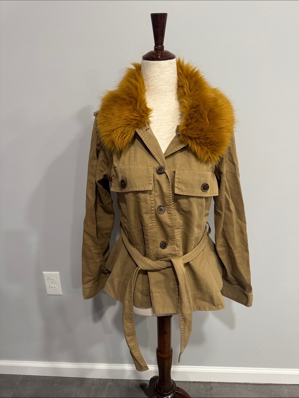 J.Crew Women's Khaki Utility Jacket with Mustard Faux Fur Collar Small